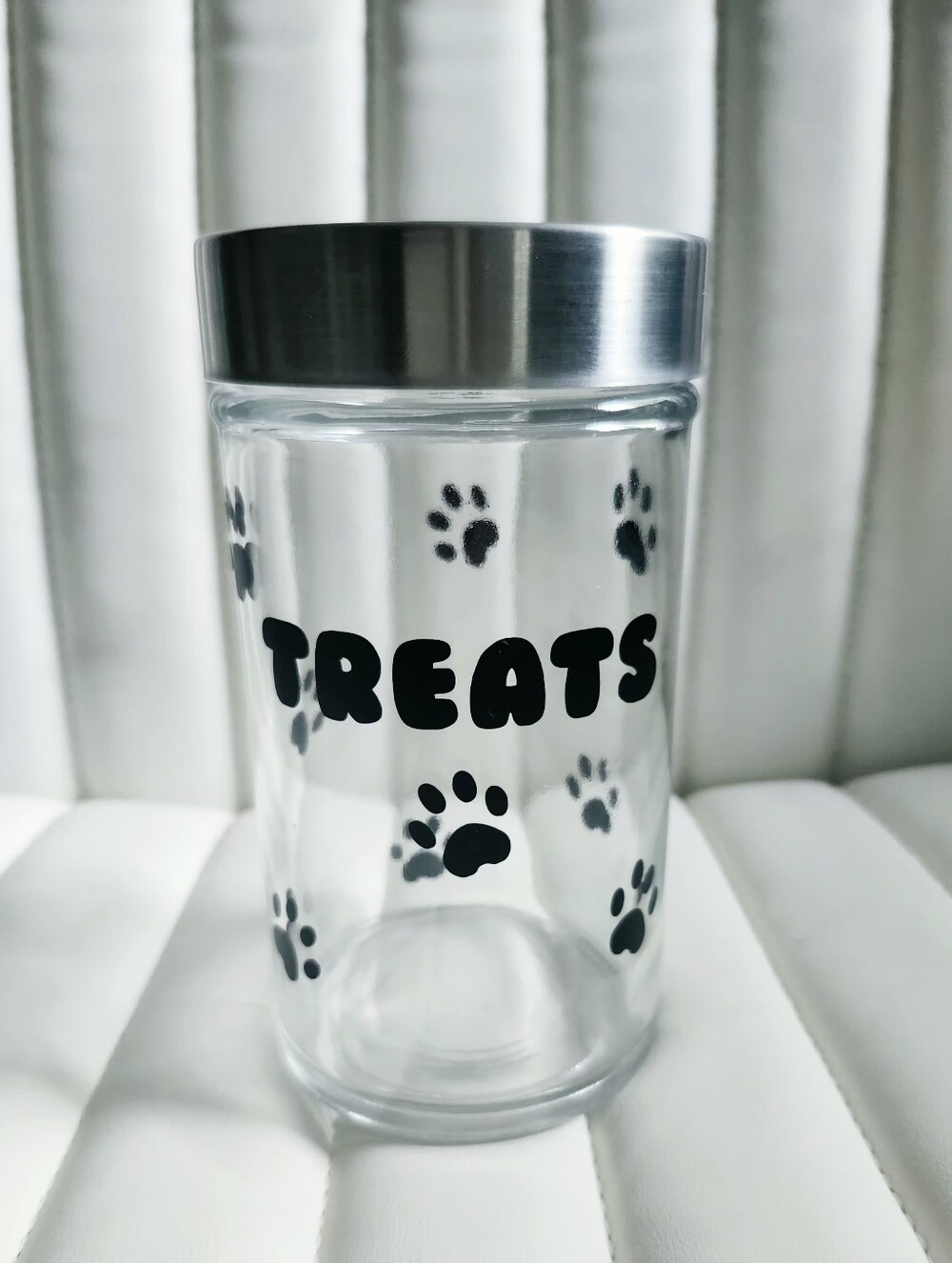 Dog Treat Jar with Silver Lid - Clear Glass Black Paw Print Design